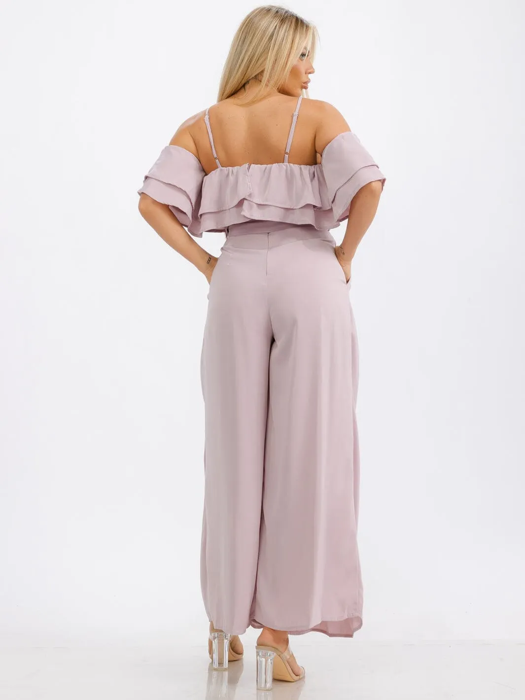 WOMEN'S OFF SHOULDER RUFFLE BELTED POCKETS WIDE LEG JUMPSUIT