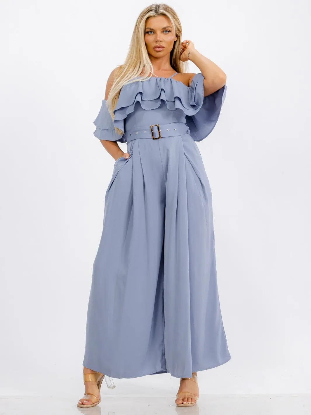 WOMEN'S OFF SHOULDER RUFFLE BELTED POCKETS WIDE LEG JUMPSUIT