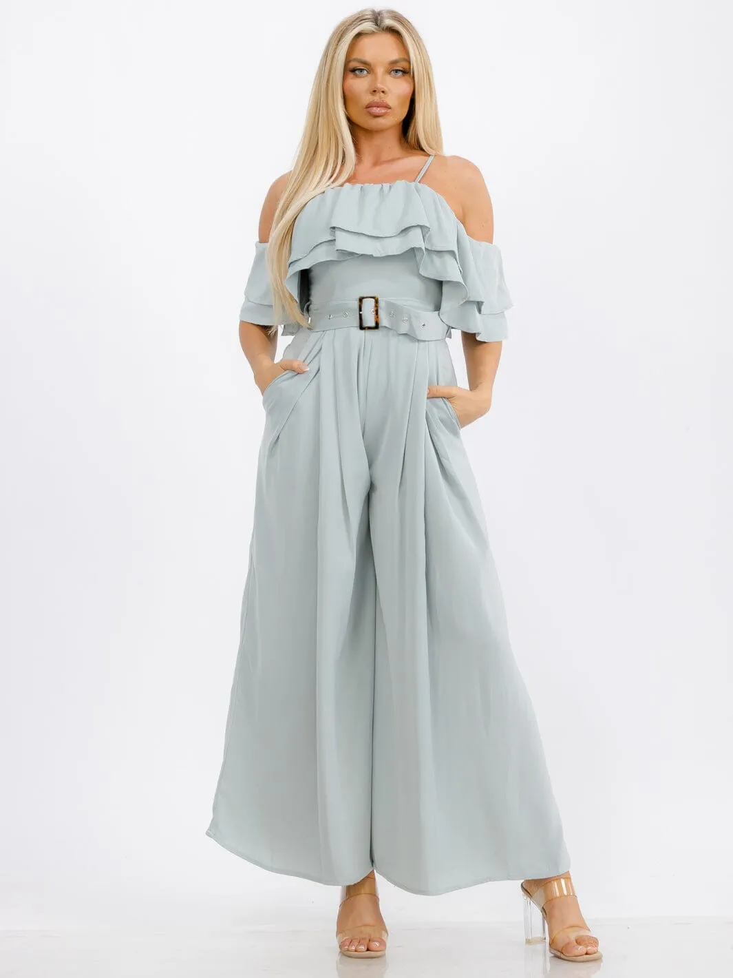 WOMEN'S OFF SHOULDER RUFFLE BELTED POCKETS WIDE LEG JUMPSUIT