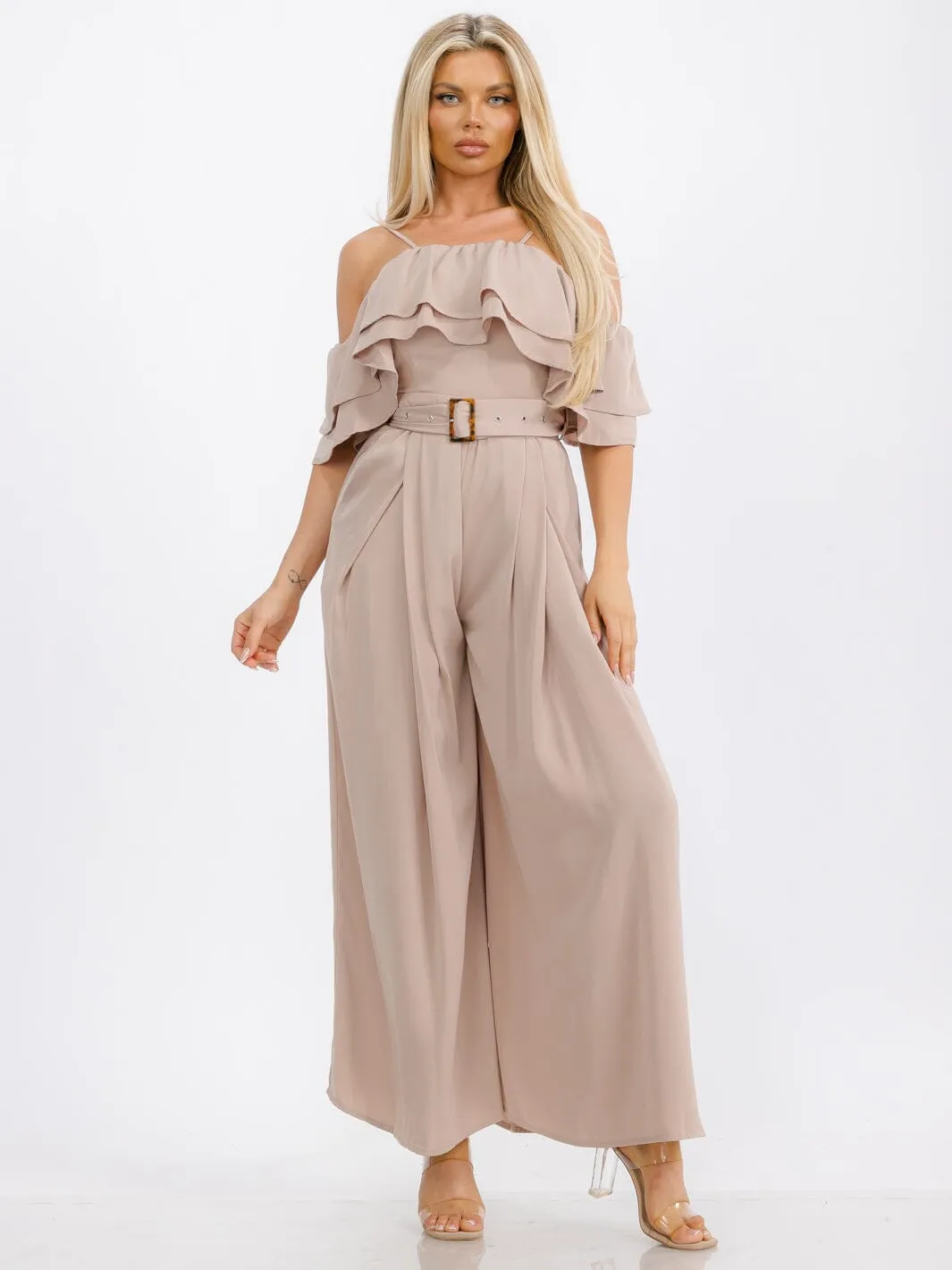 WOMEN'S OFF SHOULDER RUFFLE BELTED POCKETS WIDE LEG JUMPSUIT