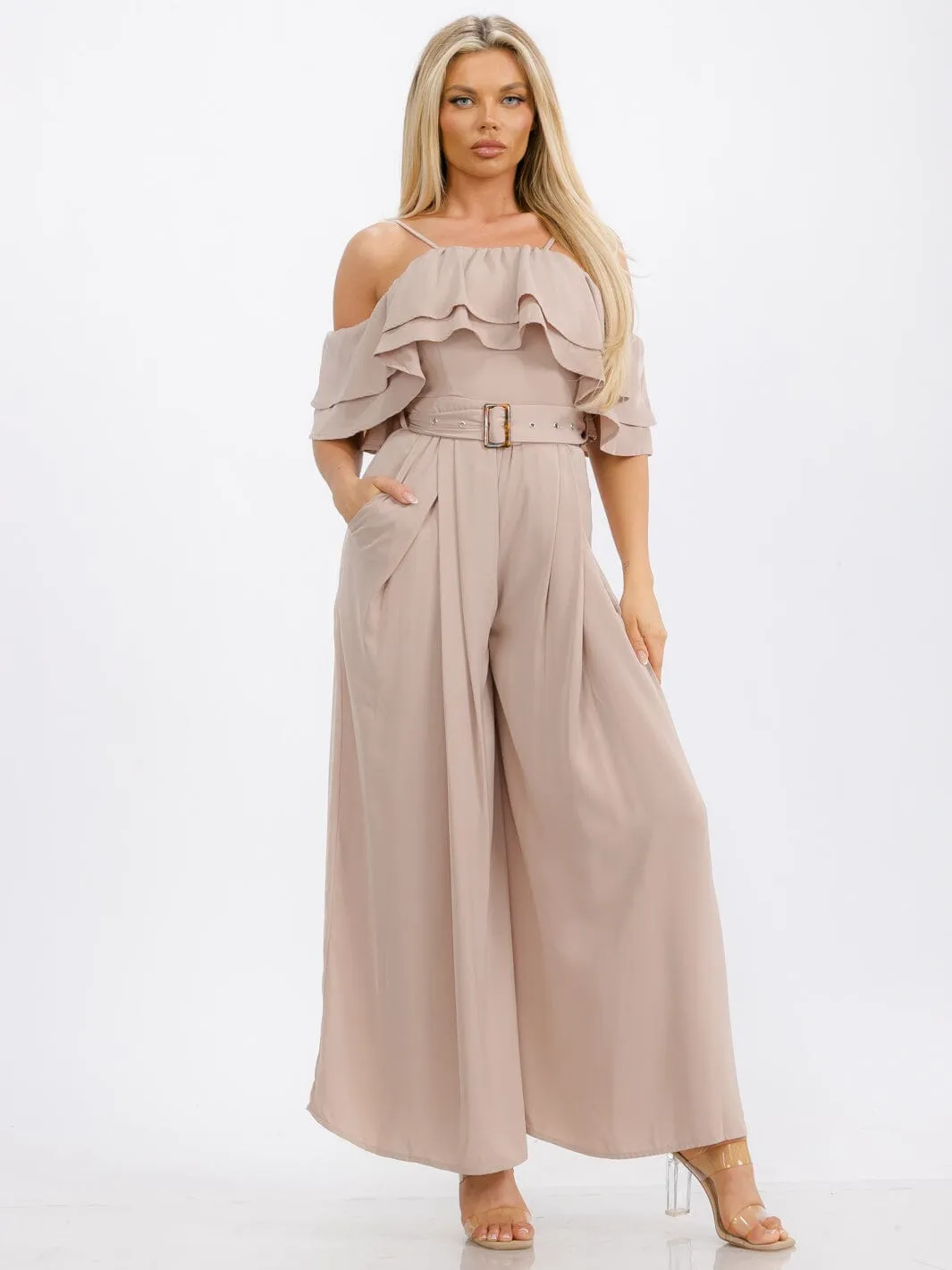 WOMEN'S OFF SHOULDER RUFFLE BELTED POCKETS WIDE LEG JUMPSUIT