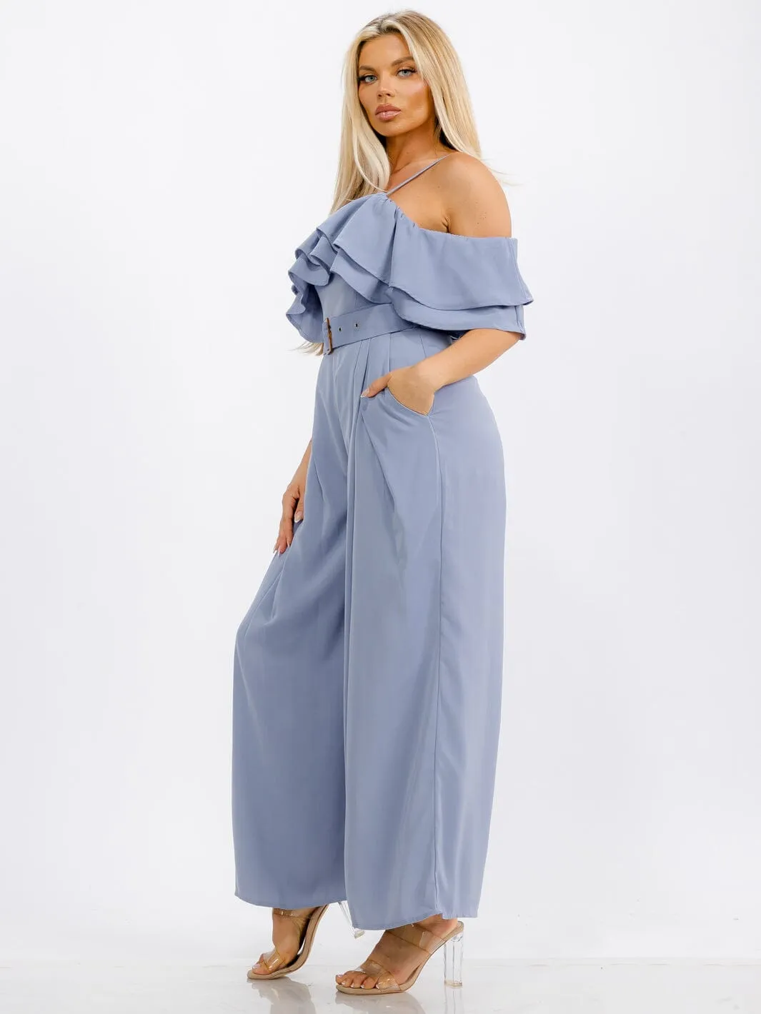WOMEN'S OFF SHOULDER RUFFLE BELTED POCKETS WIDE LEG JUMPSUIT