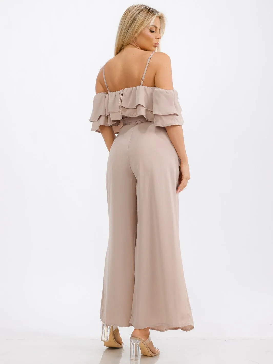 WOMEN'S OFF SHOULDER RUFFLE BELTED POCKETS WIDE LEG JUMPSUIT
