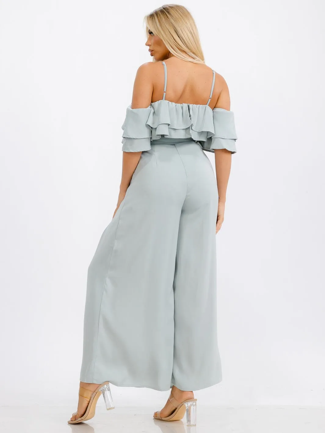 WOMEN'S OFF SHOULDER RUFFLE BELTED POCKETS WIDE LEG JUMPSUIT
