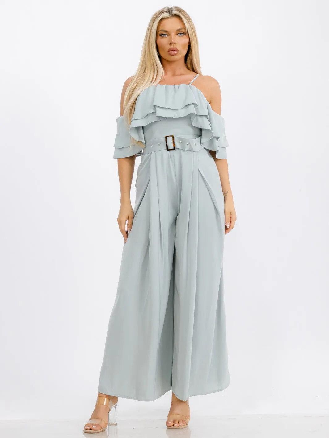 WOMEN'S OFF SHOULDER RUFFLE BELTED POCKETS WIDE LEG JUMPSUIT
