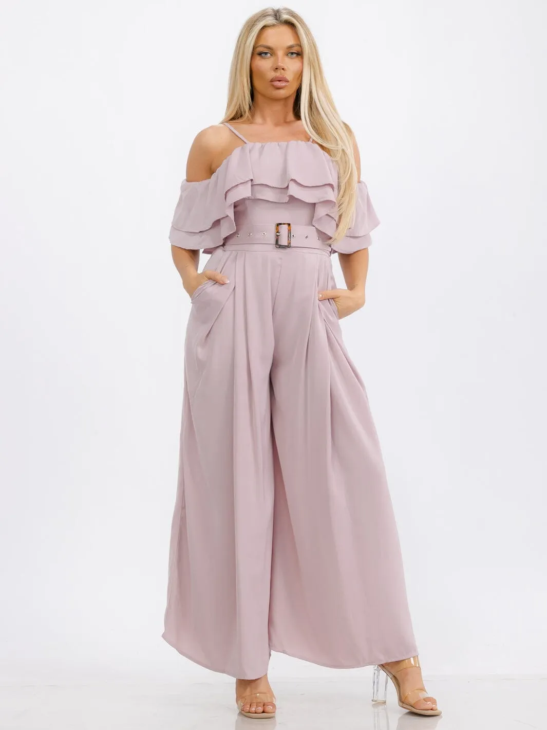 WOMEN'S OFF SHOULDER RUFFLE BELTED POCKETS WIDE LEG JUMPSUIT