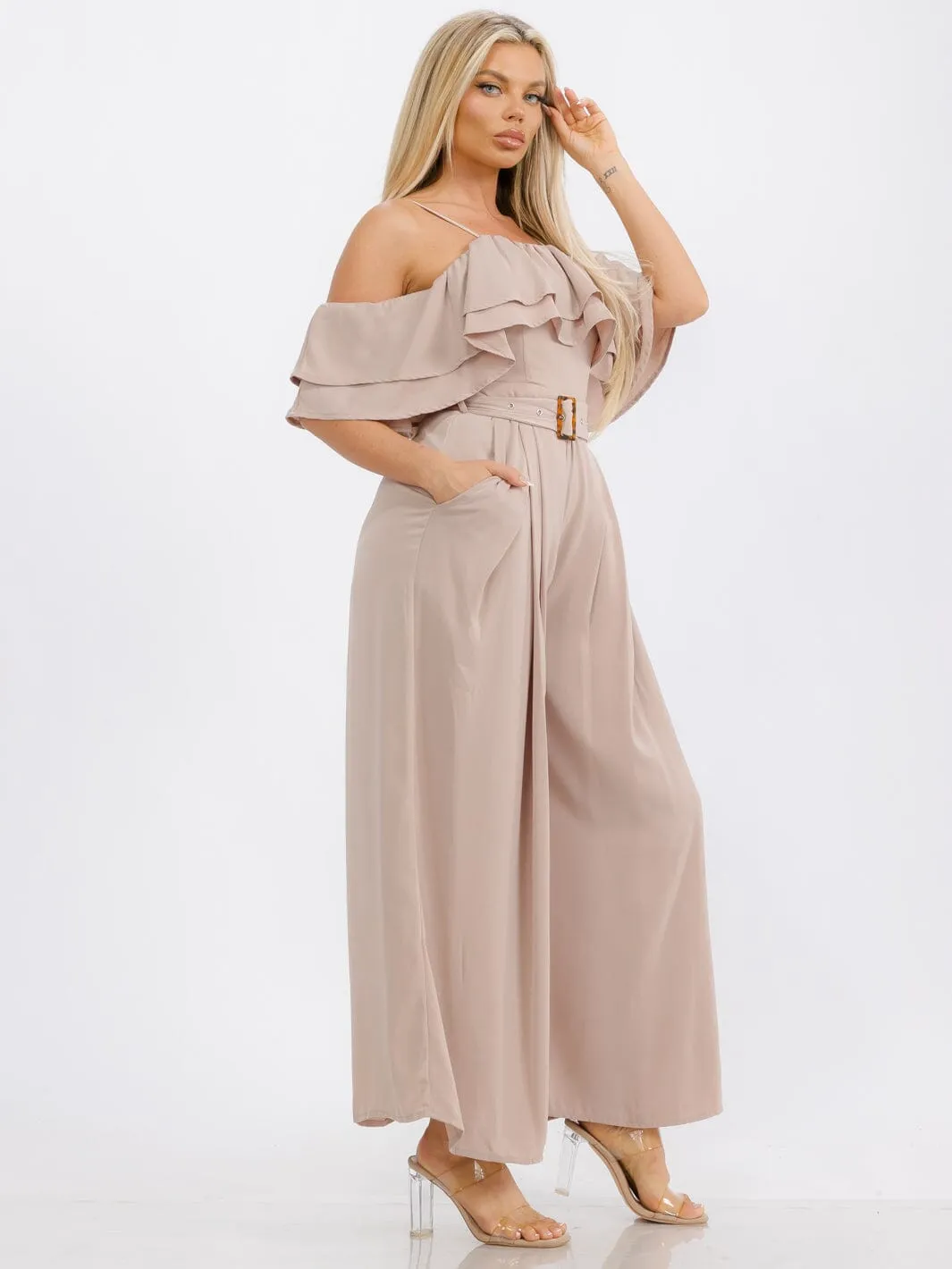 WOMEN'S OFF SHOULDER RUFFLE BELTED POCKETS WIDE LEG JUMPSUIT