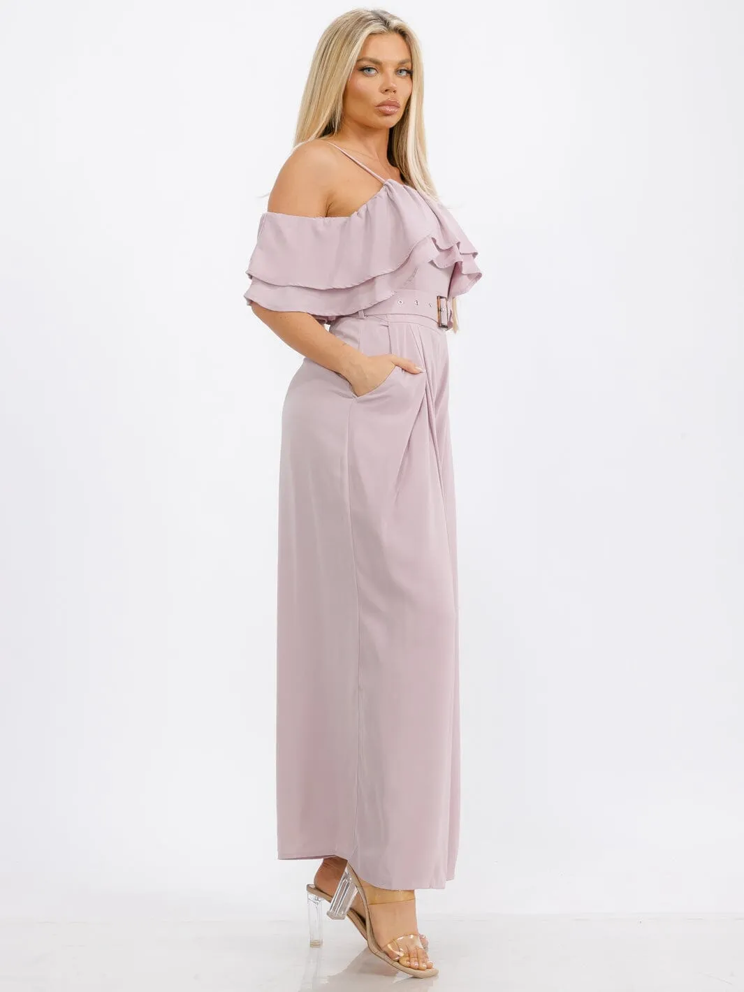 WOMEN'S OFF SHOULDER RUFFLE BELTED POCKETS WIDE LEG JUMPSUIT
