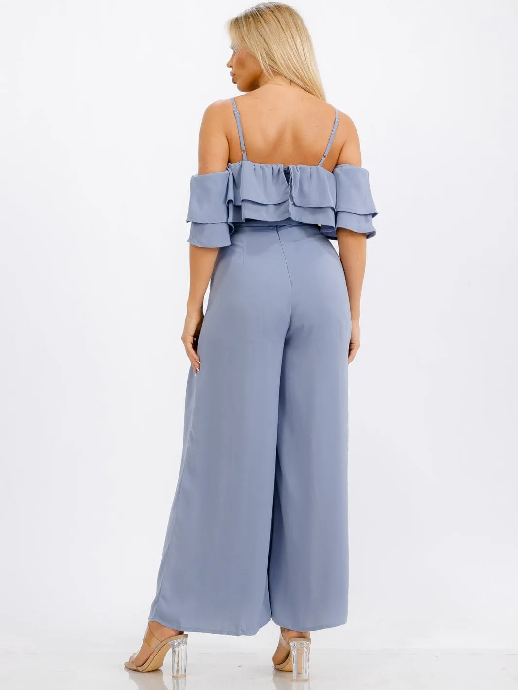 WOMEN'S OFF SHOULDER RUFFLE BELTED POCKETS WIDE LEG JUMPSUIT
