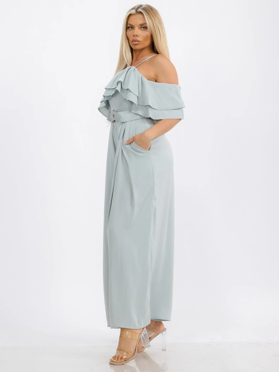 WOMEN'S OFF SHOULDER RUFFLE BELTED POCKETS WIDE LEG JUMPSUIT