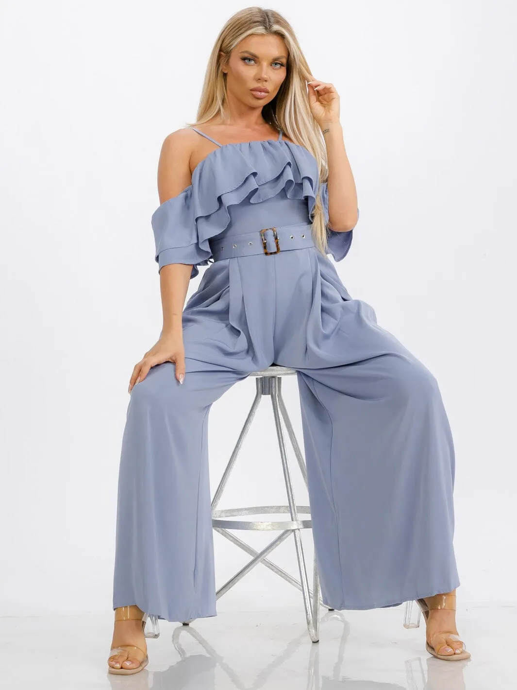 WOMEN'S OFF SHOULDER RUFFLE BELTED POCKETS WIDE LEG JUMPSUIT