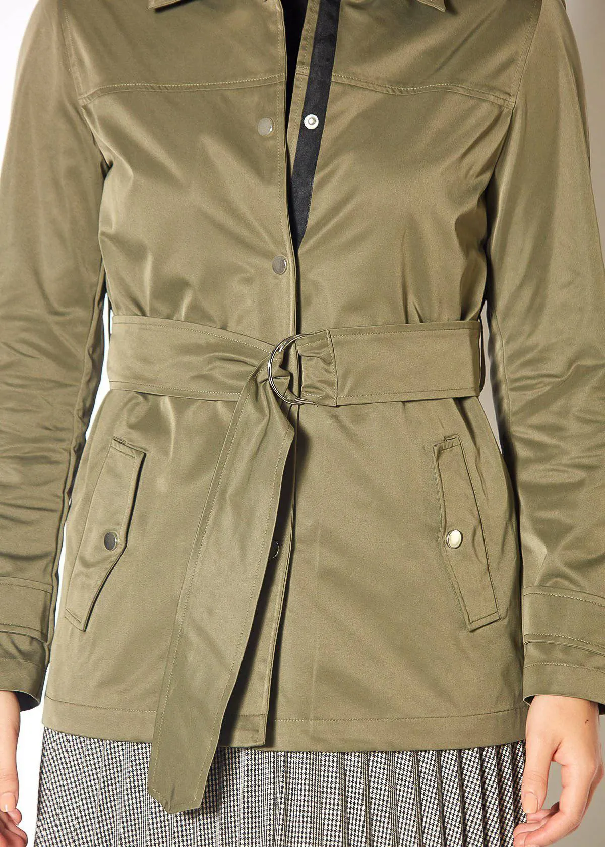 Women's Olive Windbreaker Belted Collar Jacket in Olive