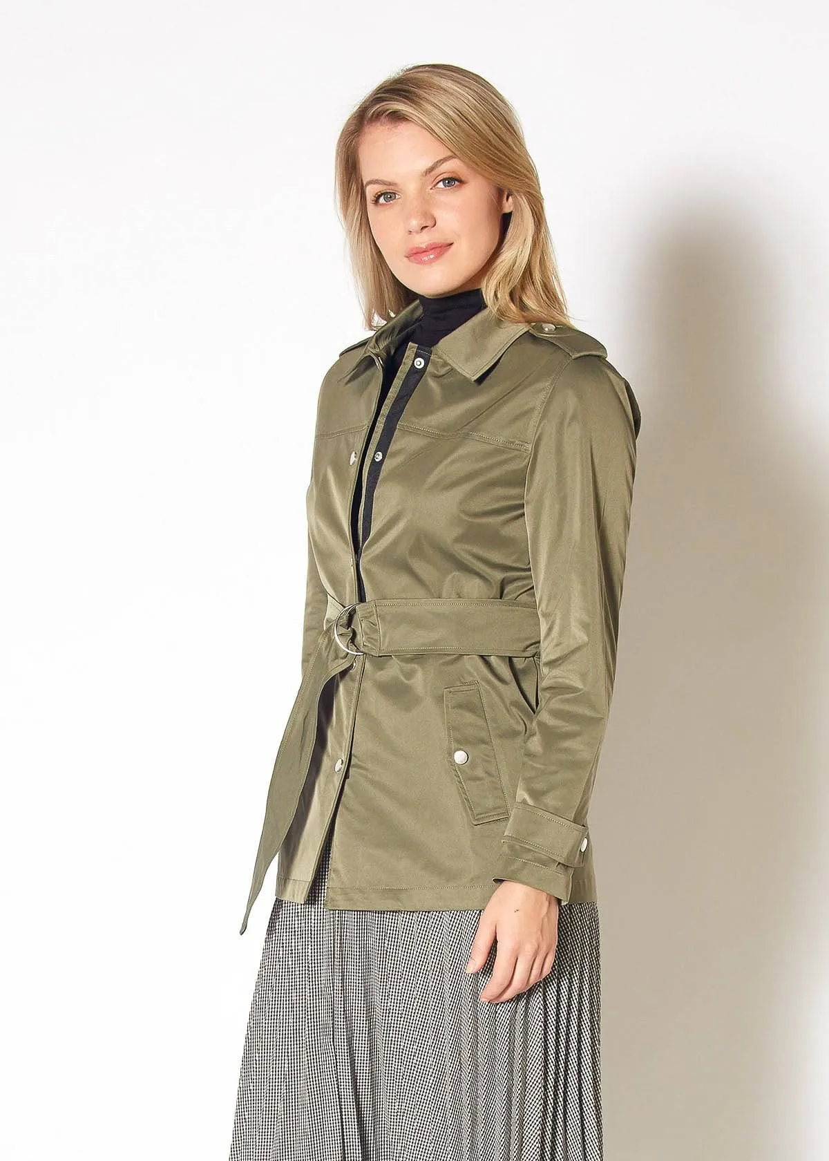 Women's Olive Windbreaker Belted Collar Jacket in Olive