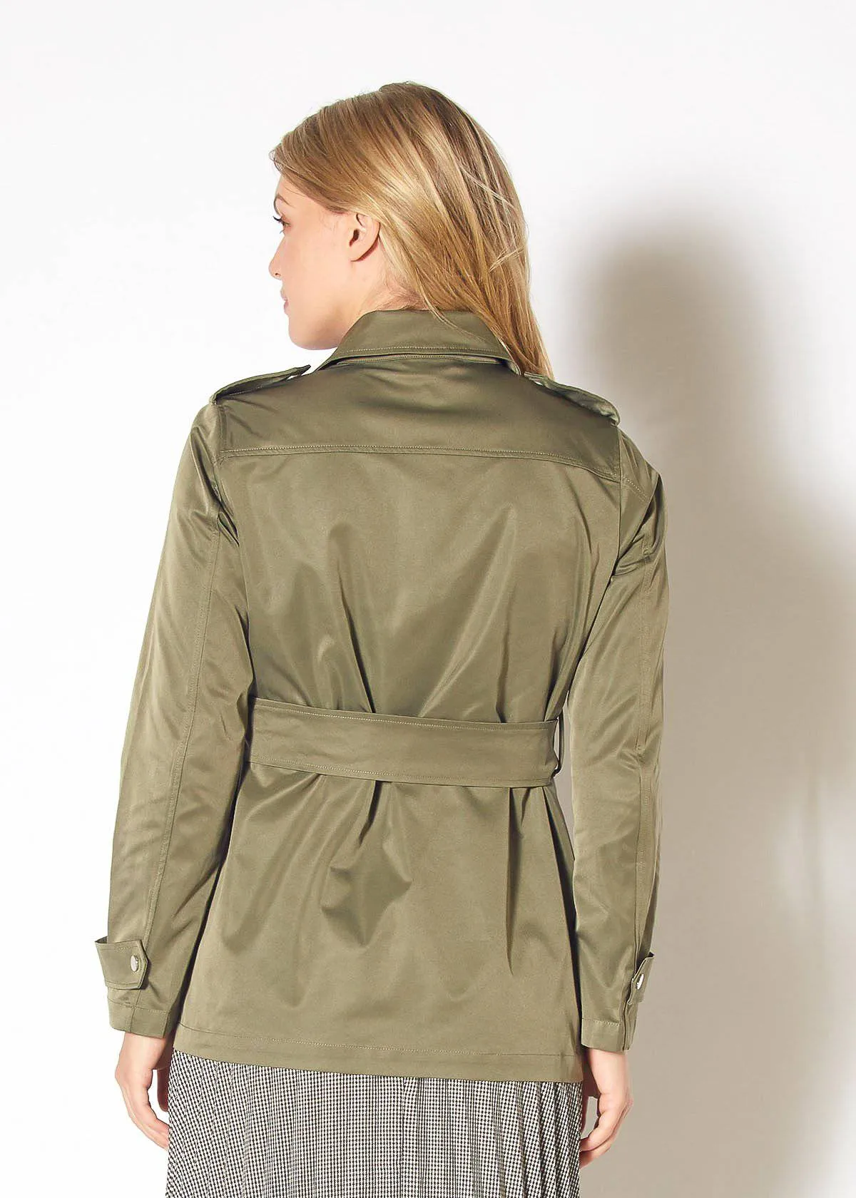 Women's Olive Windbreaker Belted Collar Jacket in Olive