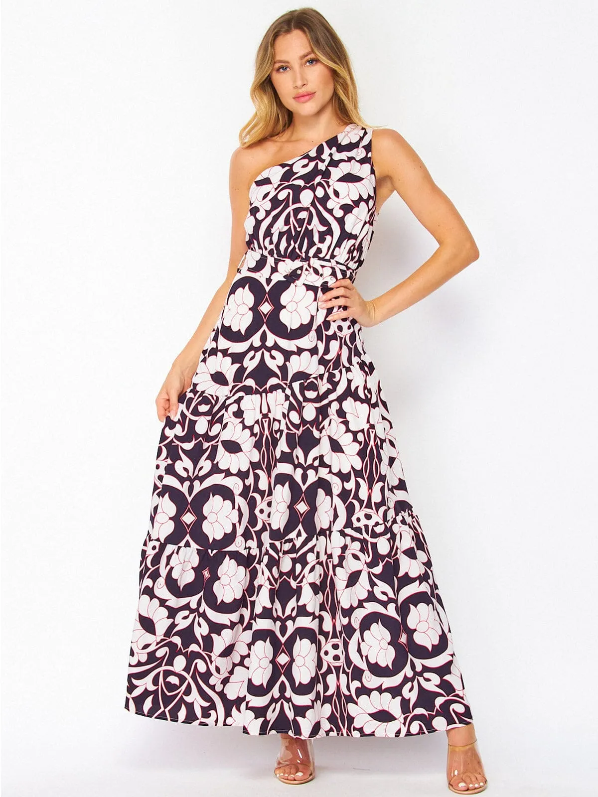 WOMEN'S ONE SHOULDER BELTED FLORAL MAXI DRESS