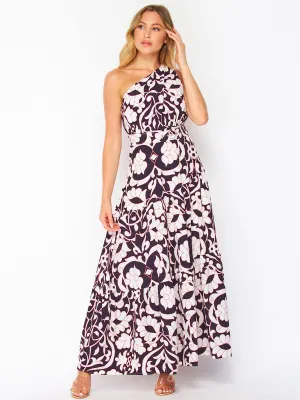 WOMEN'S ONE SHOULDER BELTED FLORAL MAXI DRESS