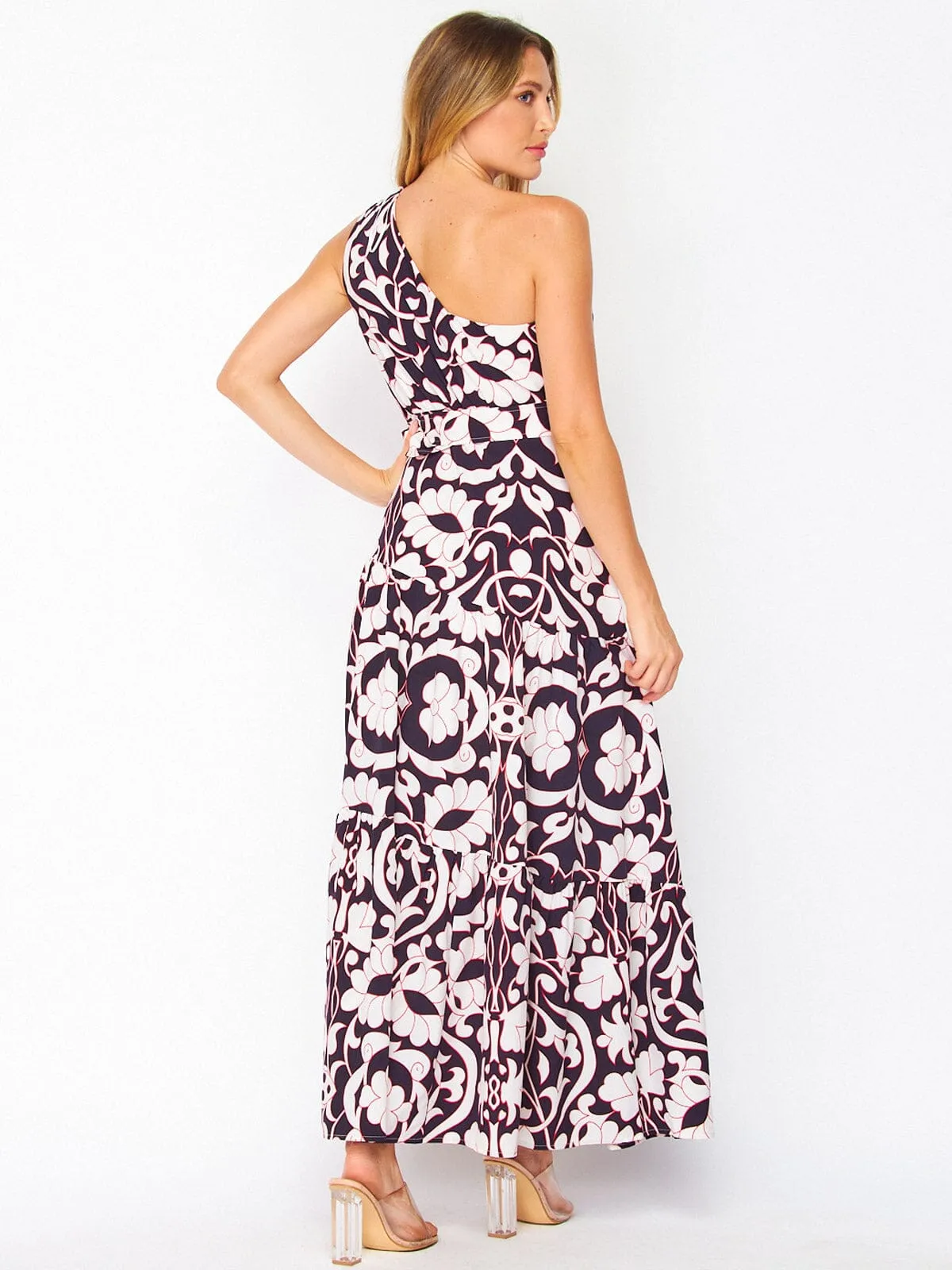 WOMEN'S ONE SHOULDER BELTED FLORAL MAXI DRESS