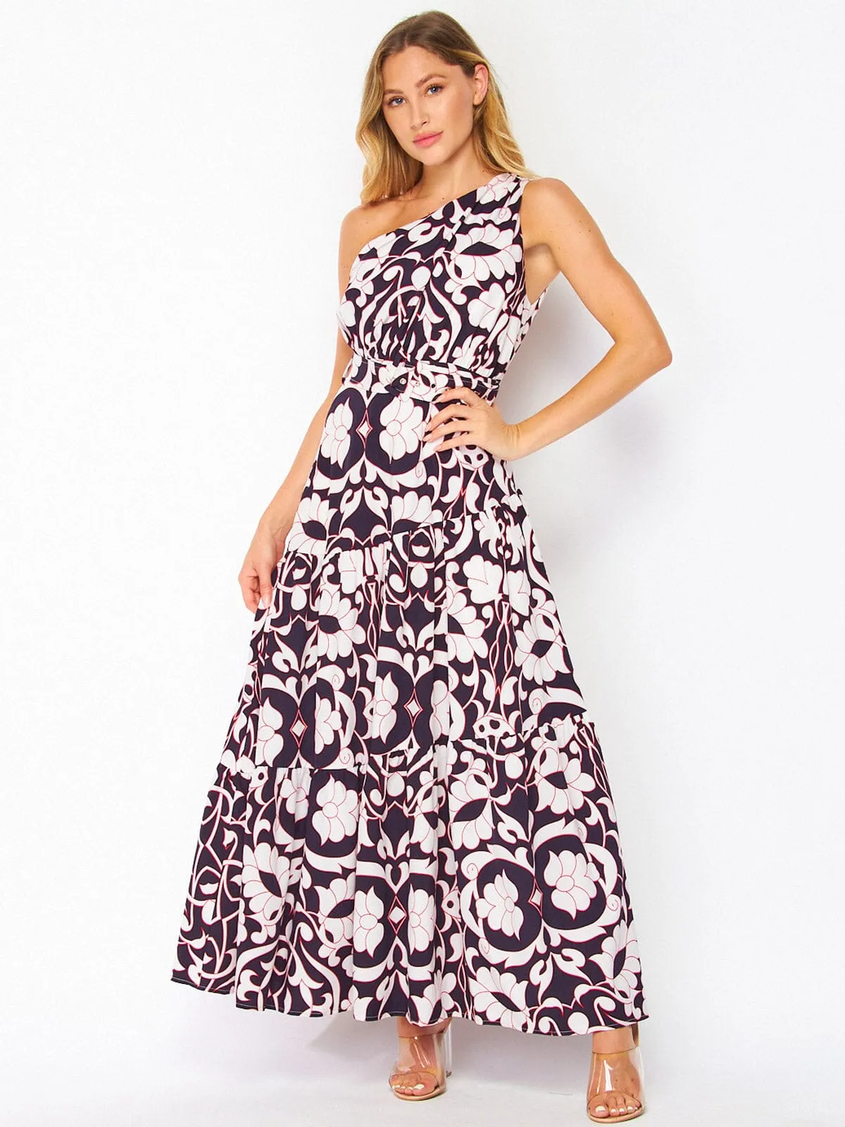 WOMEN'S ONE SHOULDER BELTED FLORAL MAXI DRESS