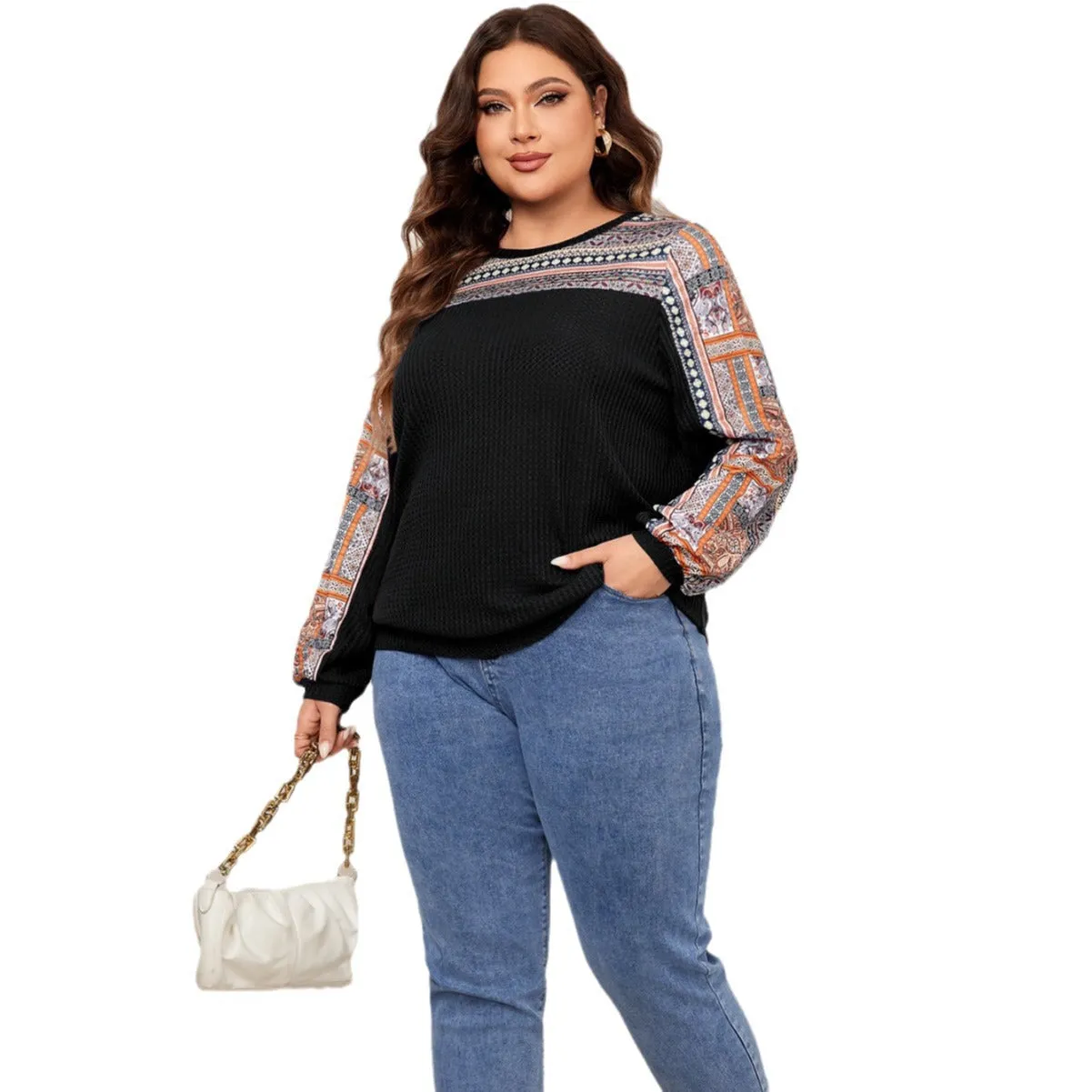 Women's Round Neck Long Sleeve Plus Size Tops Patterned Oversized Shirts Wholesale Womens Clothing N3824080300063