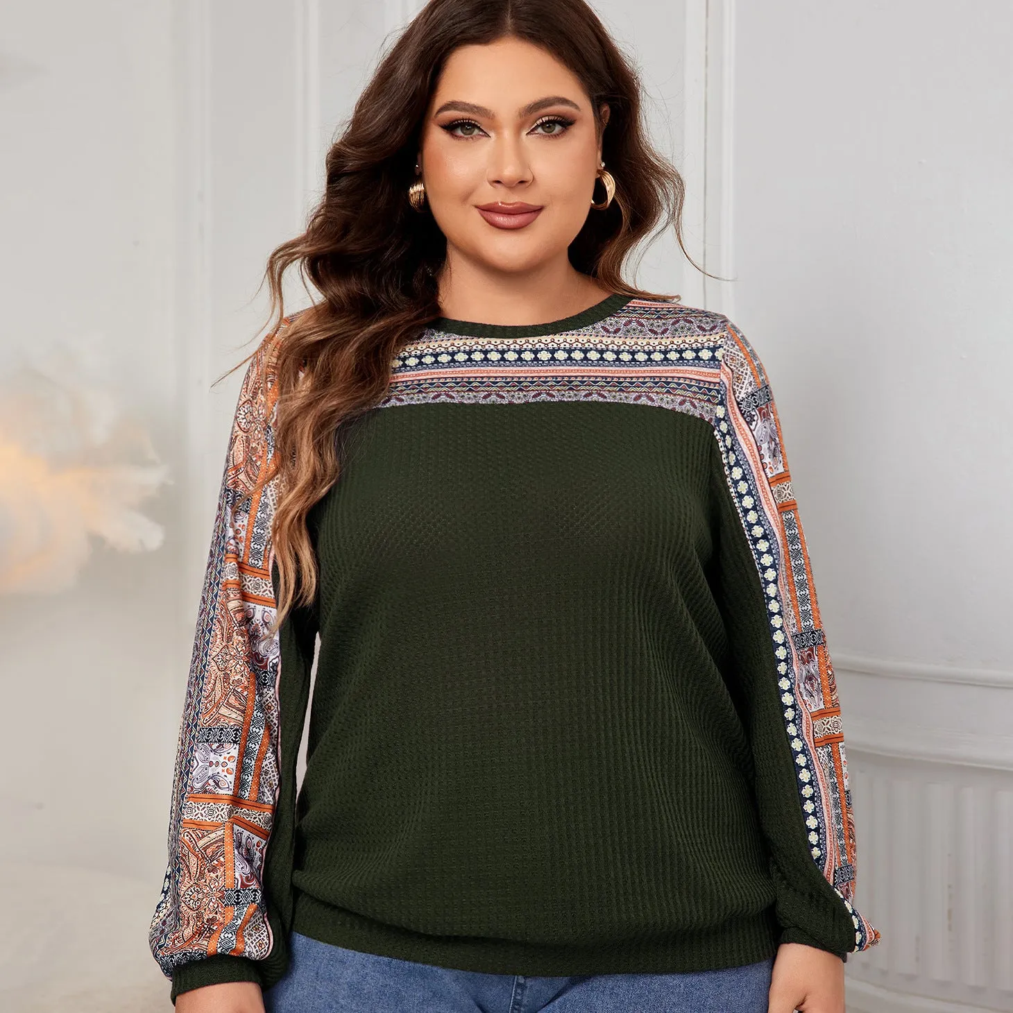 Women's Round Neck Long Sleeve Plus Size Tops Patterned Oversized Shirts Wholesale Womens Clothing N3824080300063