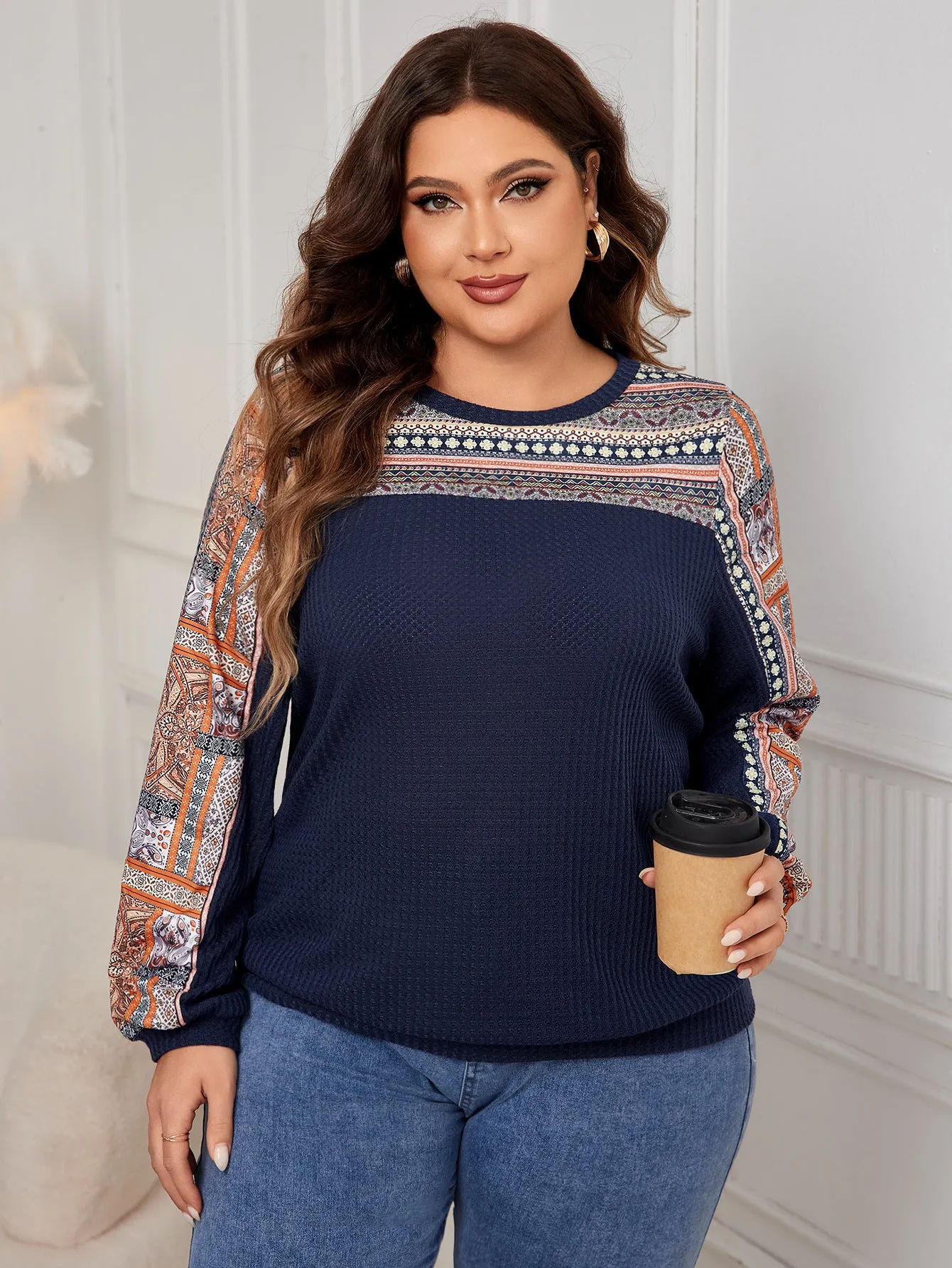 Women's Round Neck Long Sleeve Plus Size Tops Patterned Oversized Shirts Wholesale Womens Clothing N3824080300063