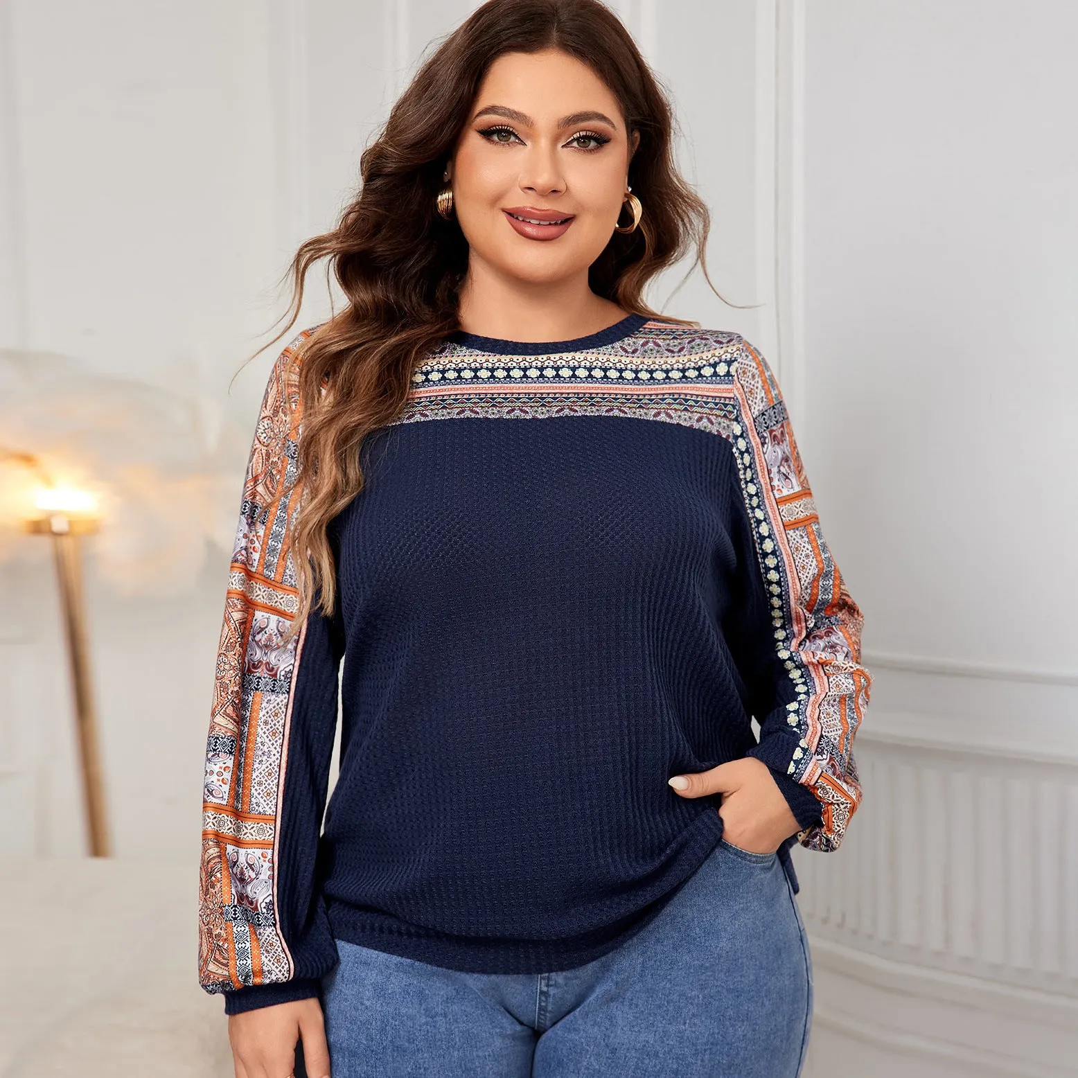 Women's Round Neck Long Sleeve Plus Size Tops Patterned Oversized Shirts Wholesale Womens Clothing N3824080300063