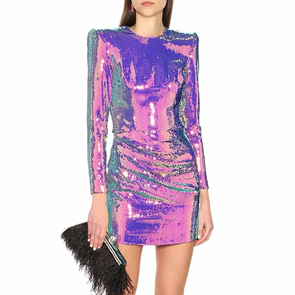 Women's Sequin Mini Dress Long Sleeves Colorful Cocktail Dress