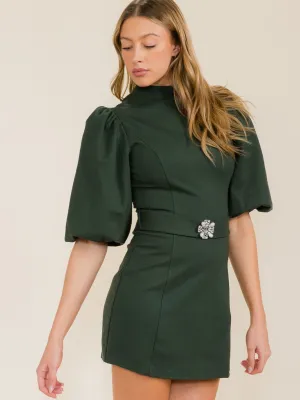 WOMEN'S SHORT PUFF SLEEVE BELTED BODYCON MINI DRESS