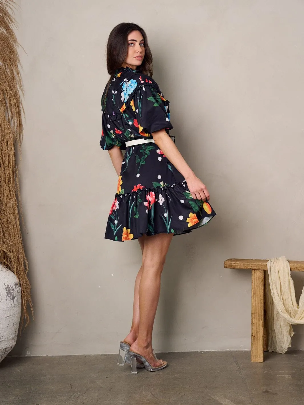 WOMEN'S SHORT PUFF SLEEVE FLORAL BELTED MINI DRESS