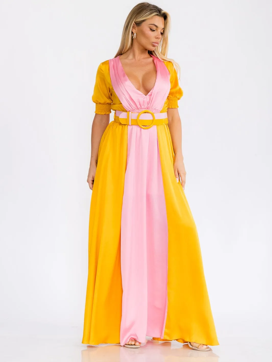 WOMEN'S SHORT PUFF SLEEVE V-NECK COLORBLOCK BELTED MAXI DRESS
