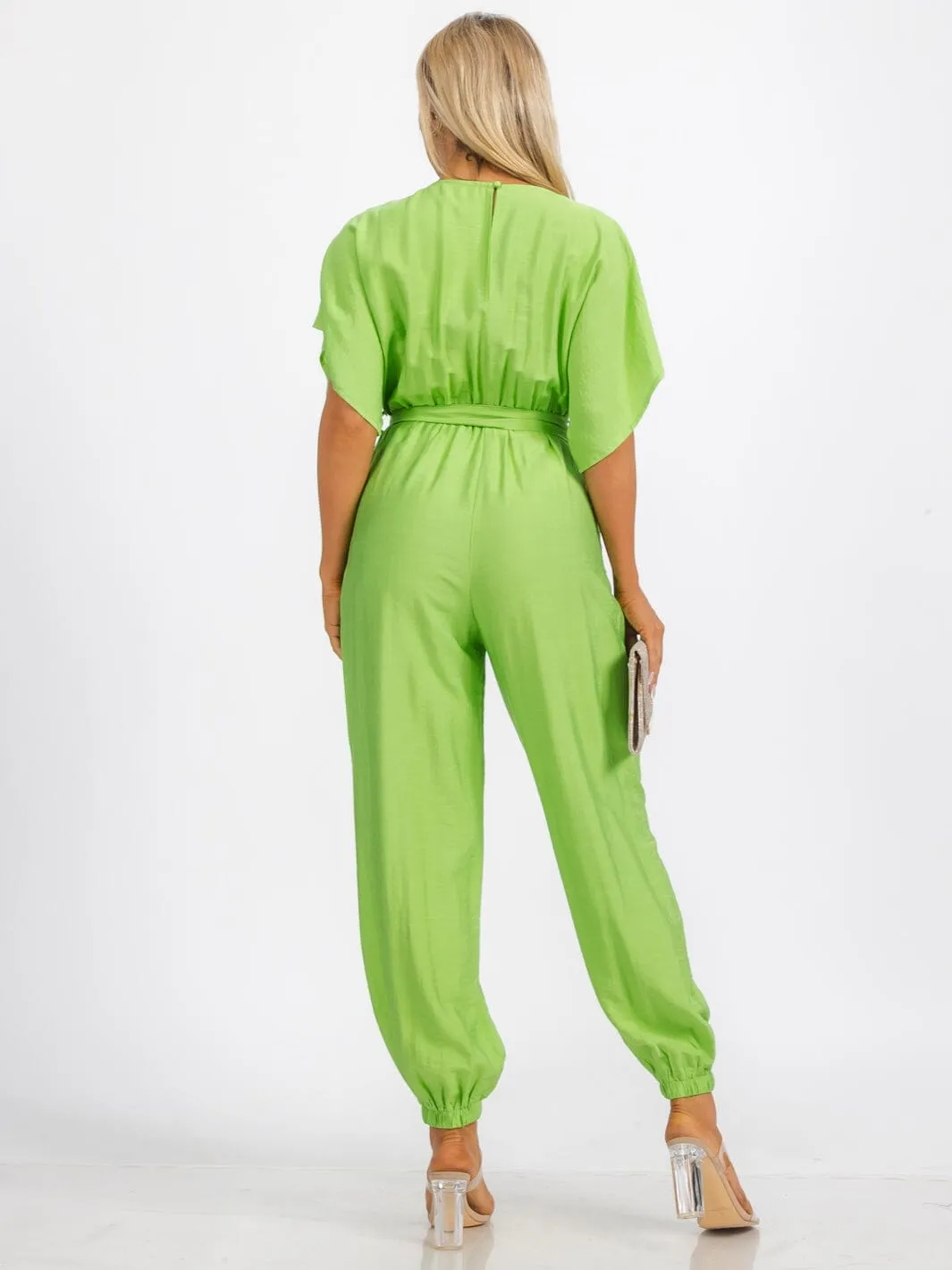 WOMEN'S SHORT SLEEVE SURPLICE FRINT POCKET SKINNY LEGS BELTED JUMPSUIT