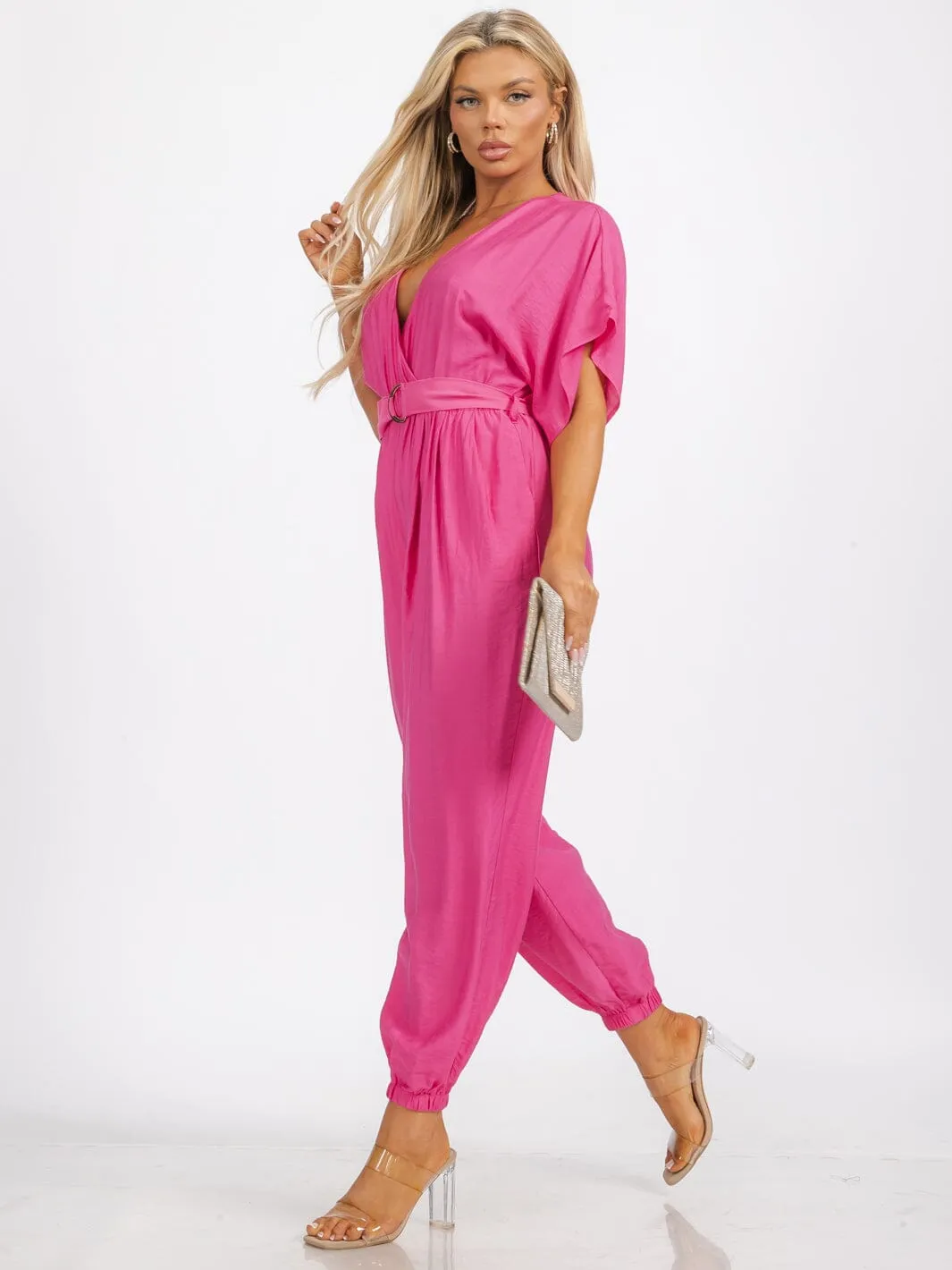 WOMEN'S SHORT SLEEVE SURPLICE FRINT POCKET SKINNY LEGS BELTED JUMPSUIT