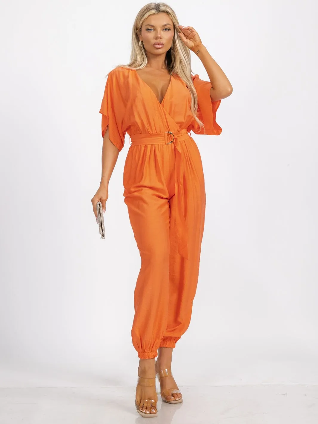WOMEN'S SHORT SLEEVE SURPLICE FRINT POCKET SKINNY LEGS BELTED JUMPSUIT