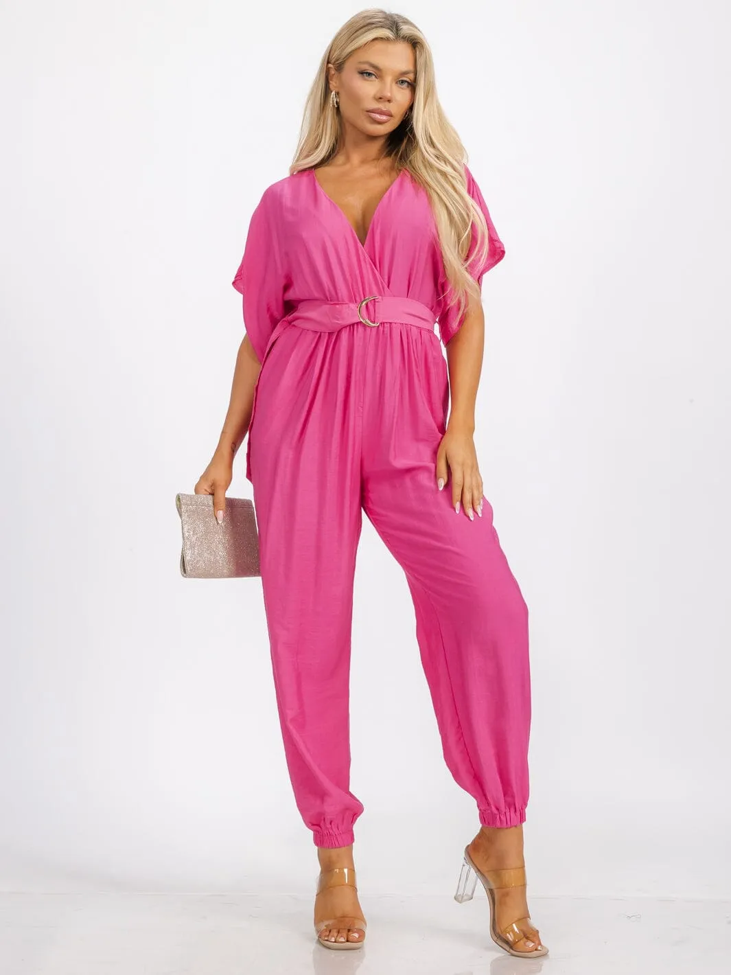 WOMEN'S SHORT SLEEVE SURPLICE FRINT POCKET SKINNY LEGS BELTED JUMPSUIT