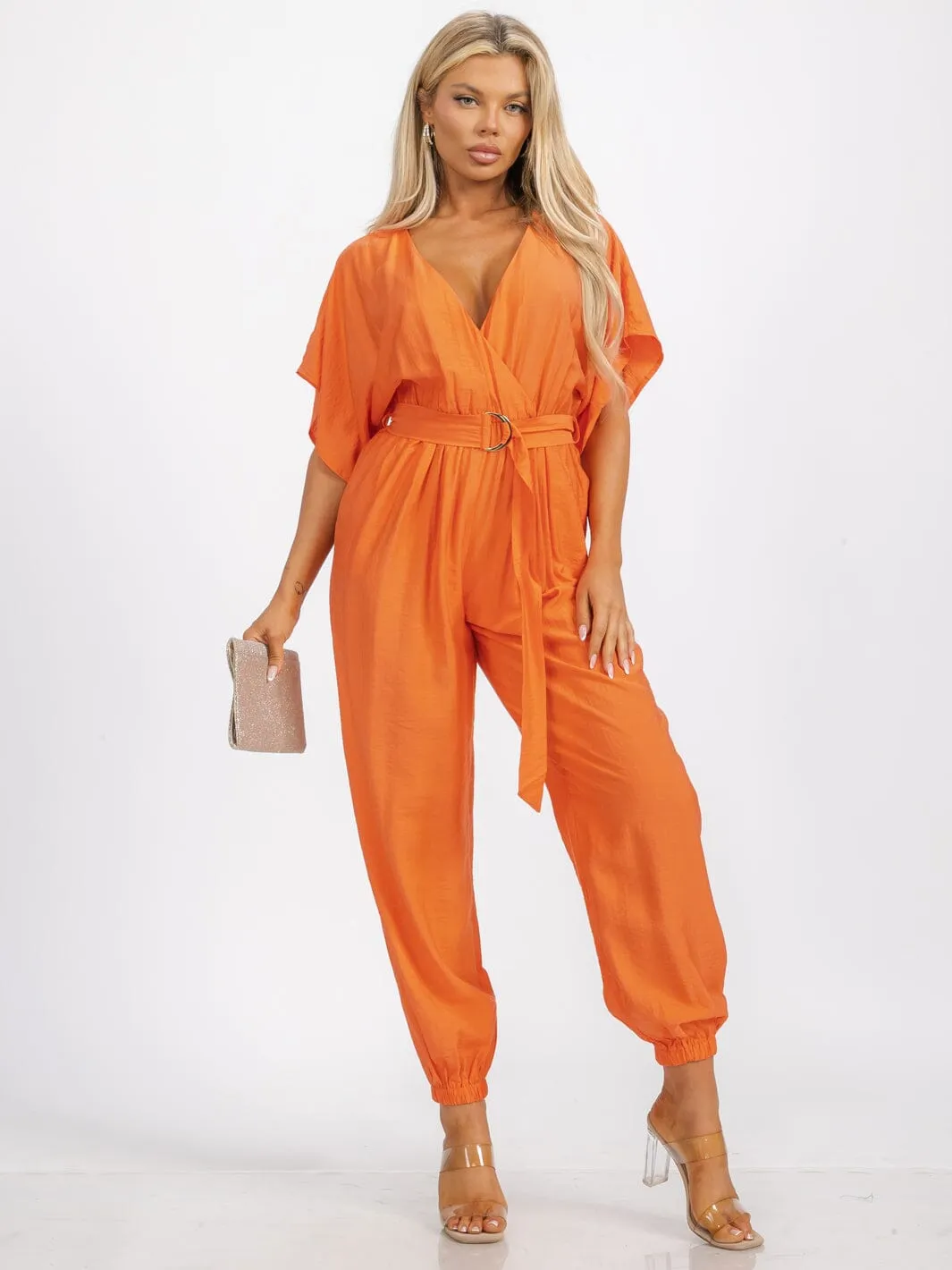WOMEN'S SHORT SLEEVE SURPLICE FRINT POCKET SKINNY LEGS BELTED JUMPSUIT