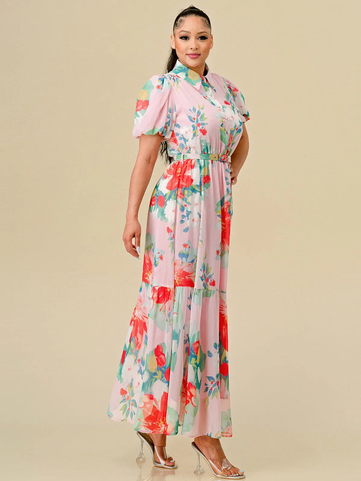 WOMEN'S SHORT SLEEVES BUTTON UP BELTED FLORAL PRINT MAXI DRESS