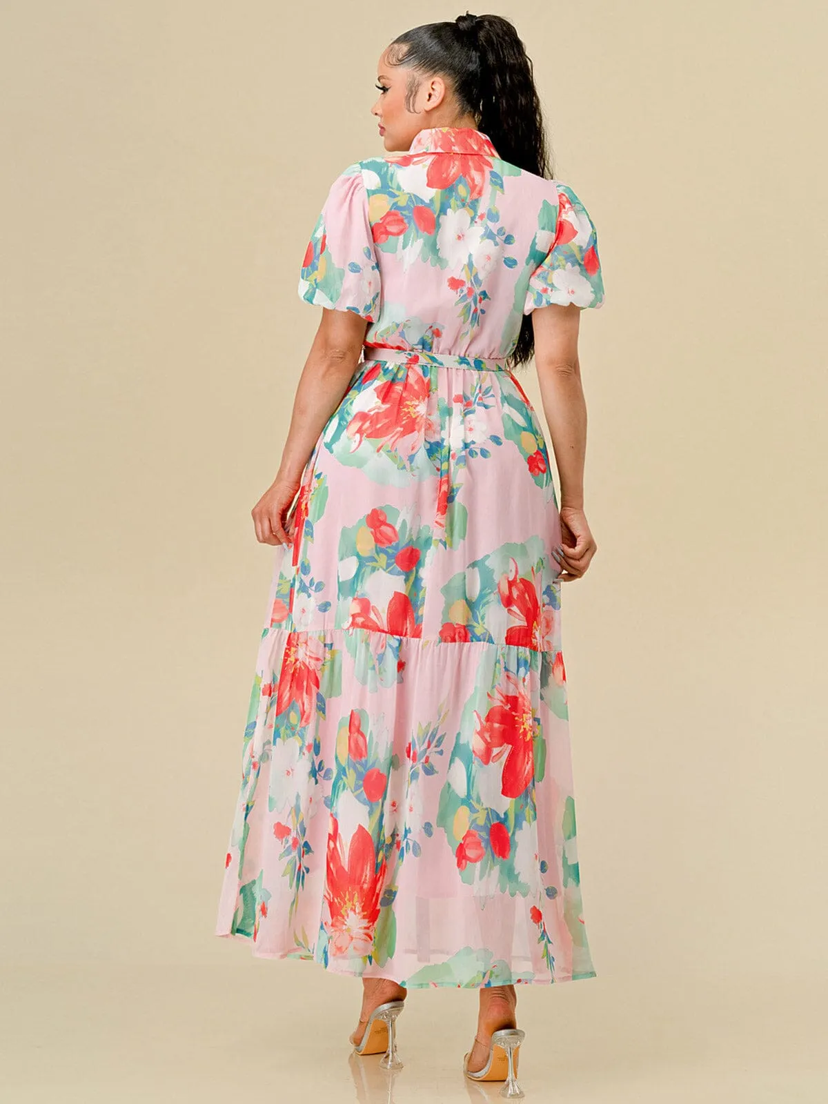 WOMEN'S SHORT SLEEVES BUTTON UP BELTED FLORAL PRINT MAXI DRESS