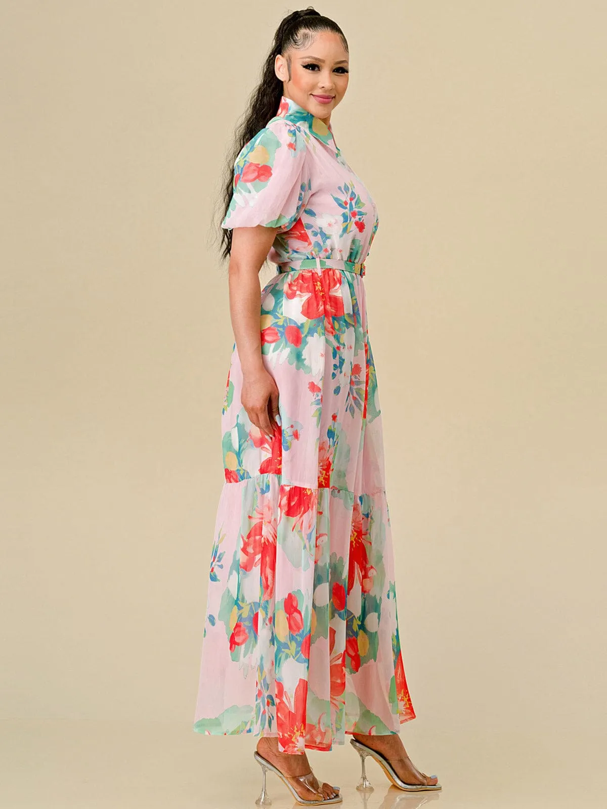 WOMEN'S SHORT SLEEVES BUTTON UP BELTED FLORAL PRINT MAXI DRESS