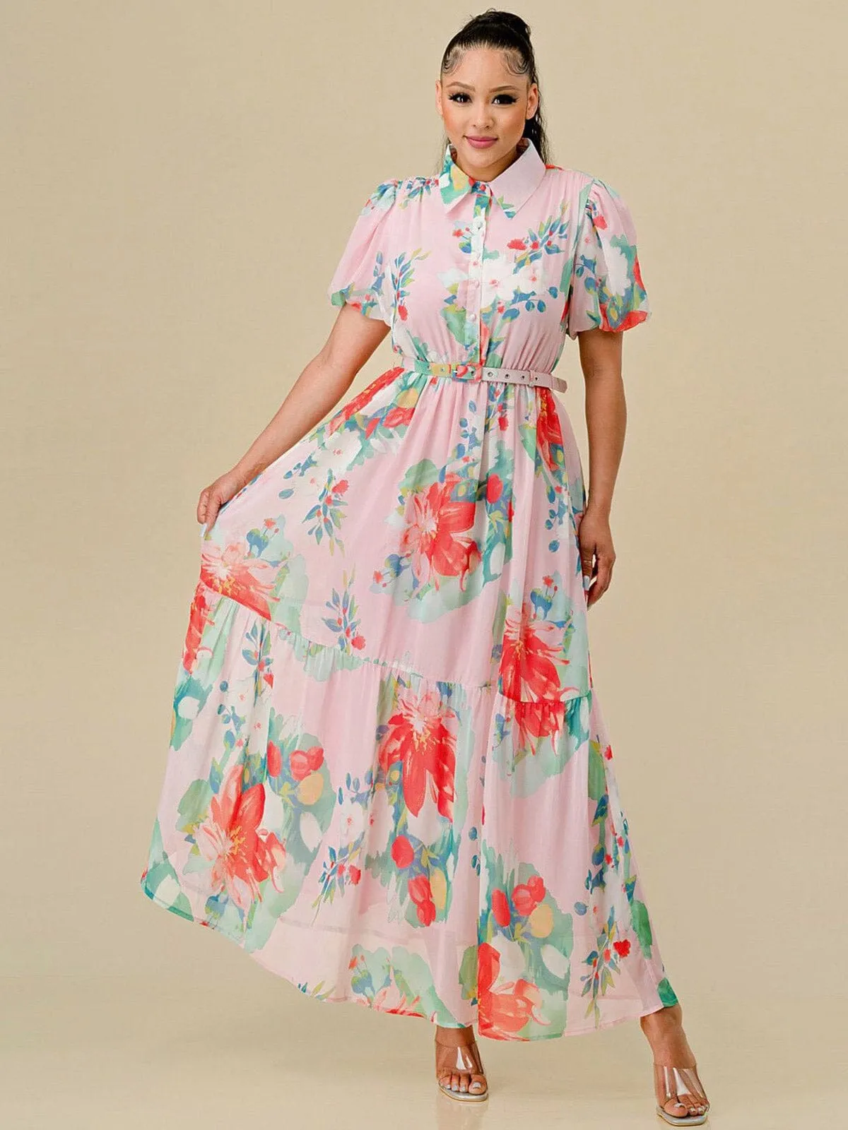 WOMEN'S SHORT SLEEVES BUTTON UP BELTED FLORAL PRINT MAXI DRESS
