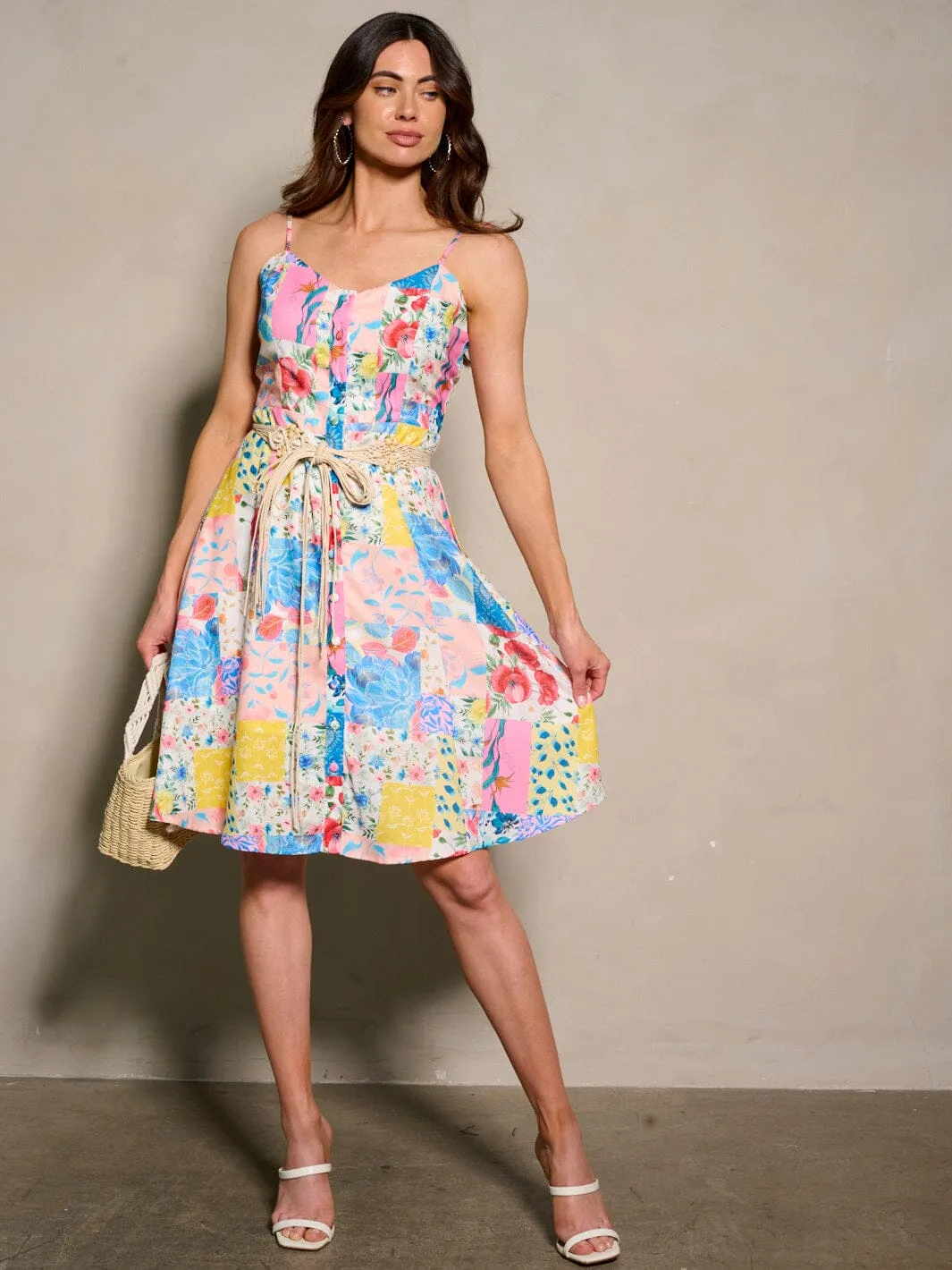 WOMEN'S SLEEVELESS BELTED  FLORAL PRINT MINI DRESS