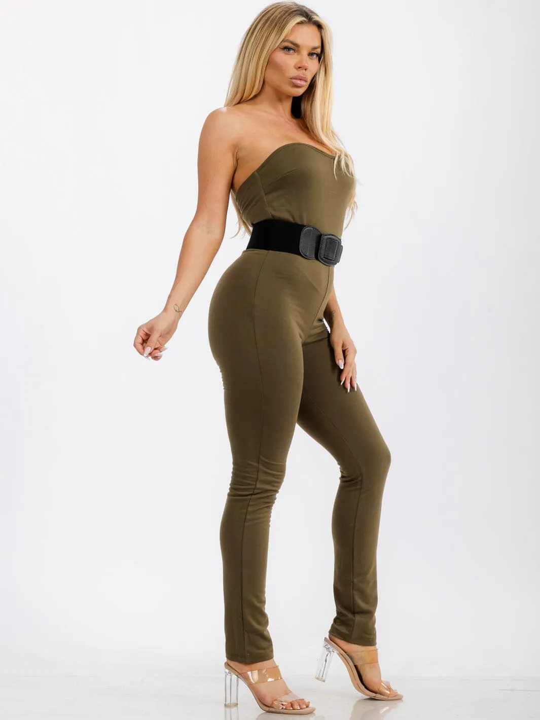 WOMEN'S SLEEVELESS BODYCON BELTED SOLID SKINNY LEG JUMPSUIT