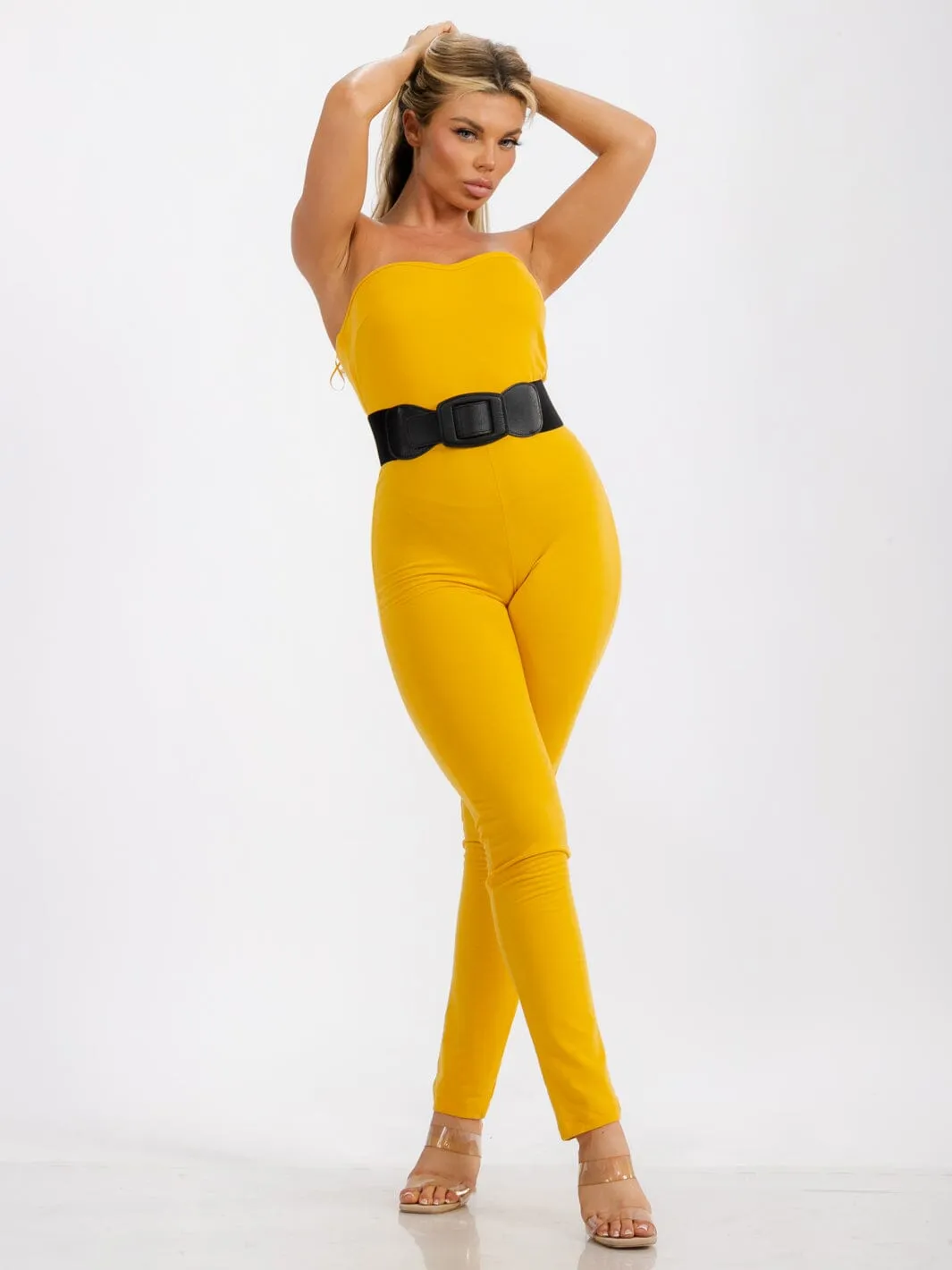 WOMEN'S SLEEVELESS BODYCON BELTED SOLID SKINNY LEG JUMPSUIT