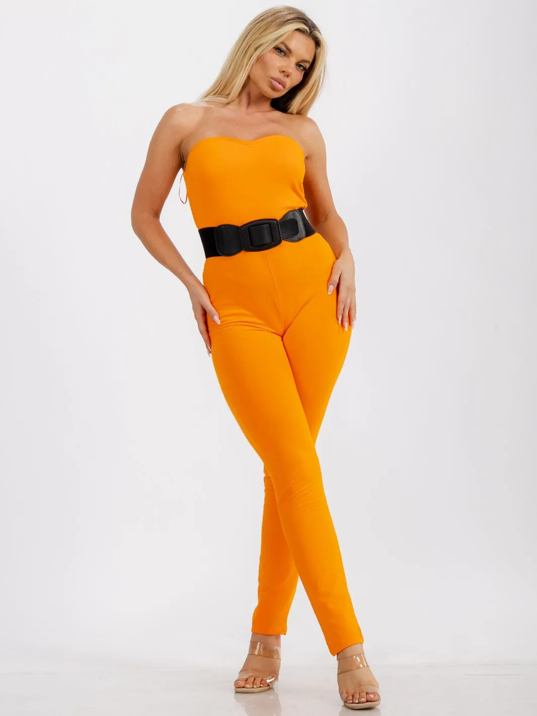 WOMEN'S SLEEVELESS BODYCON BELTED SOLID SKINNY LEG JUMPSUIT