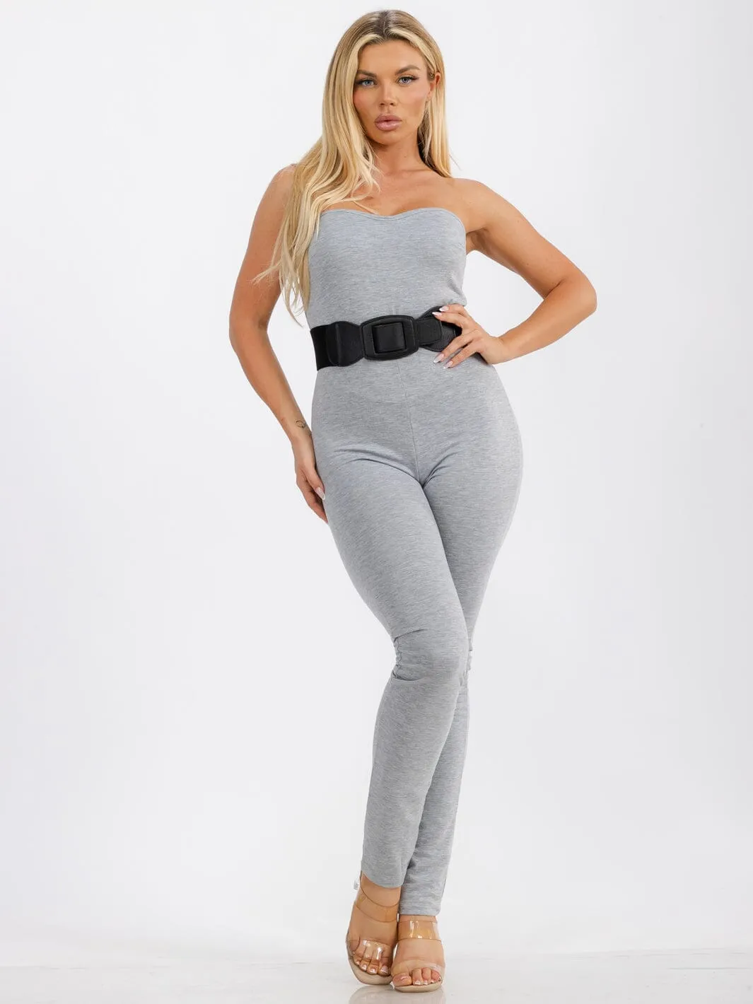 WOMEN'S SLEEVELESS BODYCON BELTED SOLID SKINNY LEG JUMPSUIT