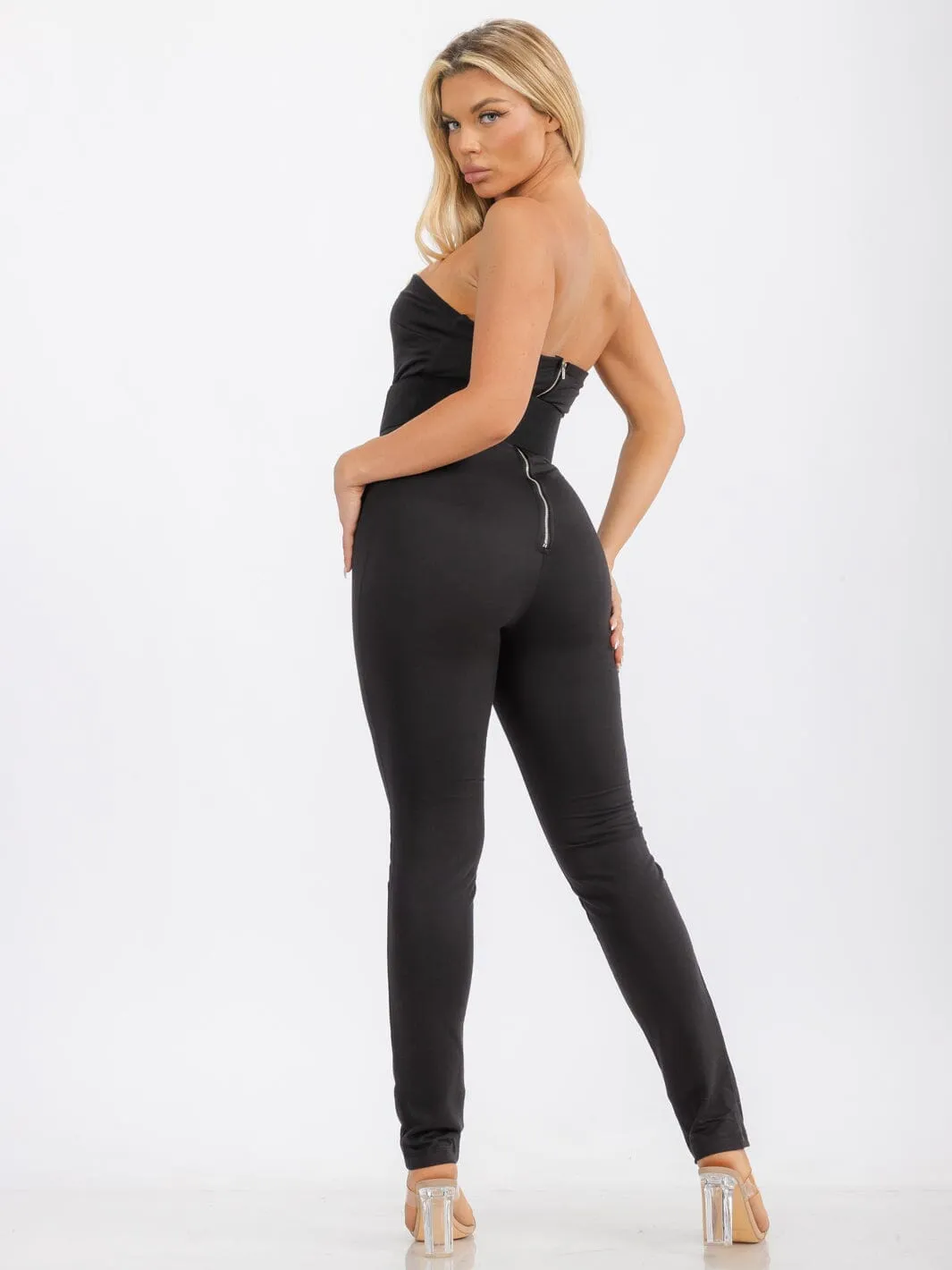 WOMEN'S SLEEVELESS BODYCON BELTED SOLID SKINNY LEG JUMPSUIT