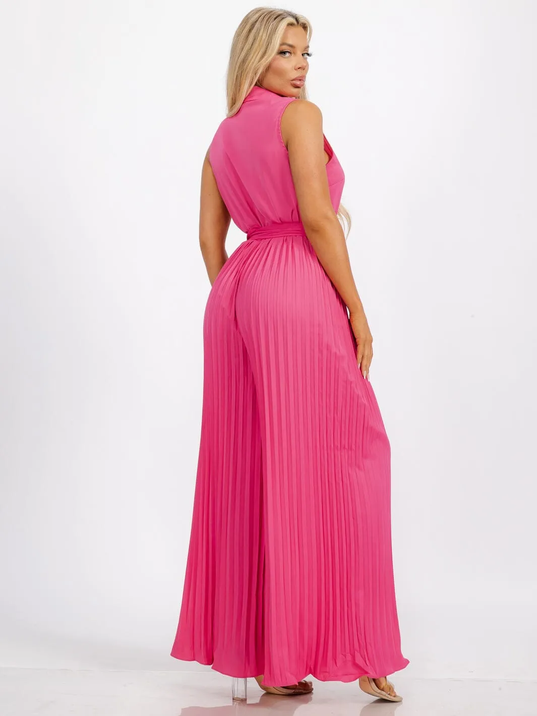 WOMEN'S SLEEVELESS BUTTON UP BELTED WIDE LEG PLEATED JUMPSUIT