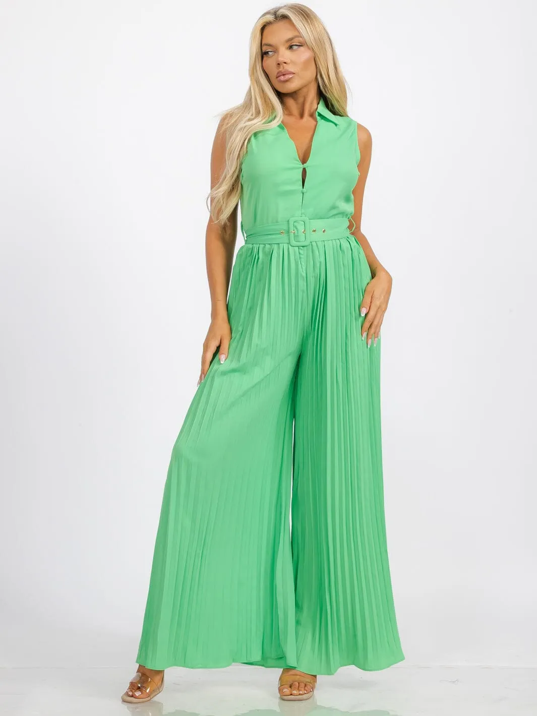 WOMEN'S SLEEVELESS BUTTON UP BELTED WIDE LEG PLEATED JUMPSUIT