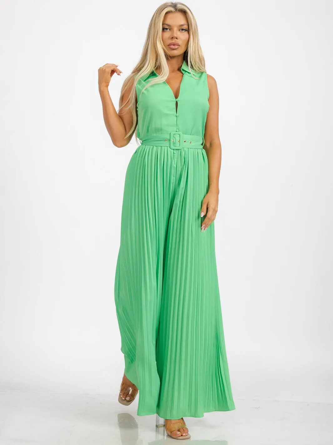 WOMEN'S SLEEVELESS BUTTON UP BELTED WIDE LEG PLEATED JUMPSUIT