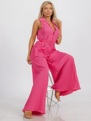 WOMEN'S SLEEVELESS BUTTON UP BELTED WIDE LEG PLEATED JUMPSUIT