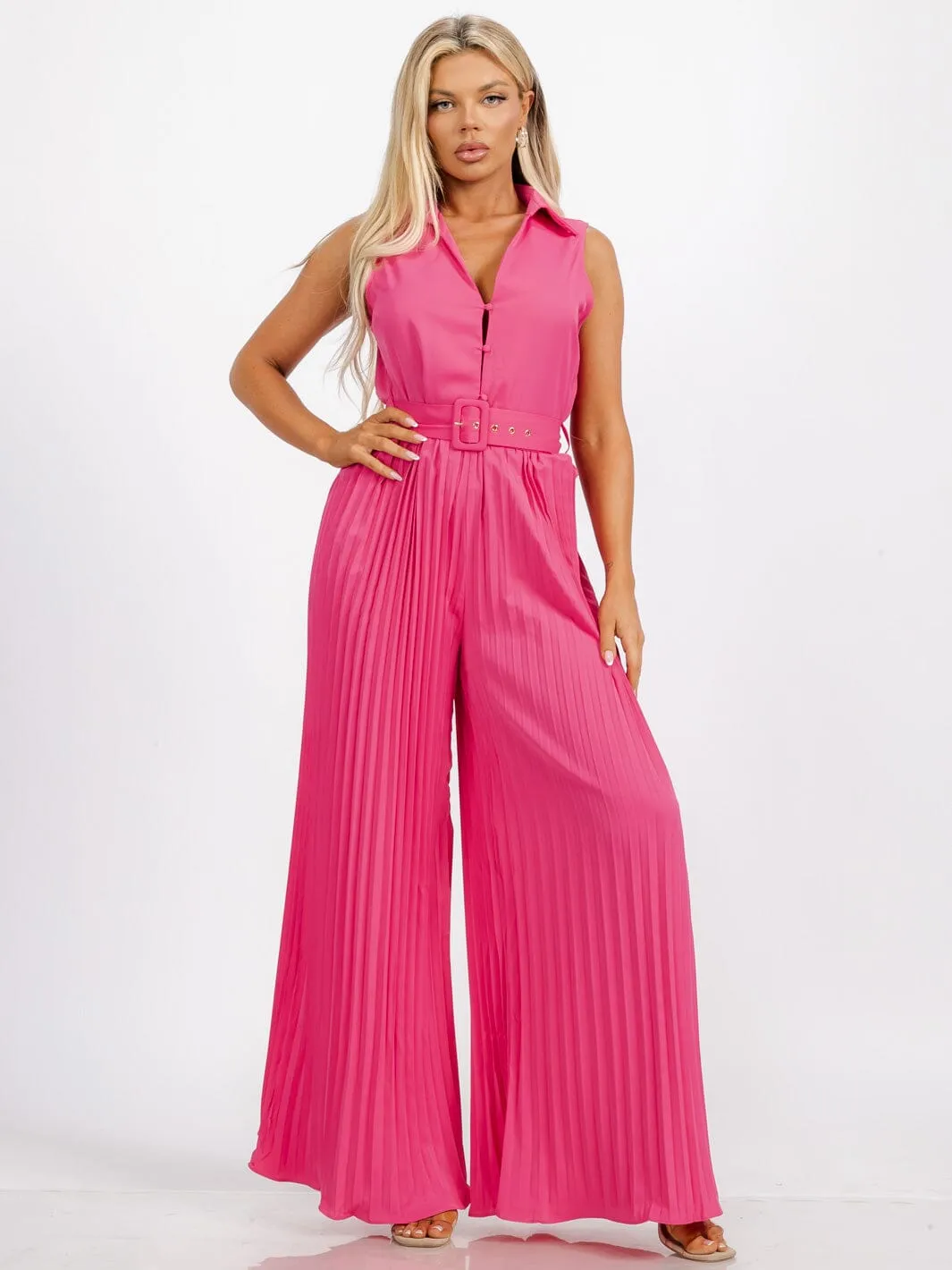 WOMEN'S SLEEVELESS BUTTON UP BELTED WIDE LEG PLEATED JUMPSUIT